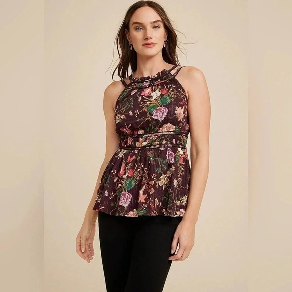 Floral High Neck Peplum Tank, Size Medium - Picture 1 of 4